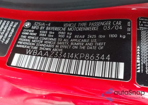 2004 BMW 325I z USA, uszkodzony, nr VIN WBAAZ33414KP86344